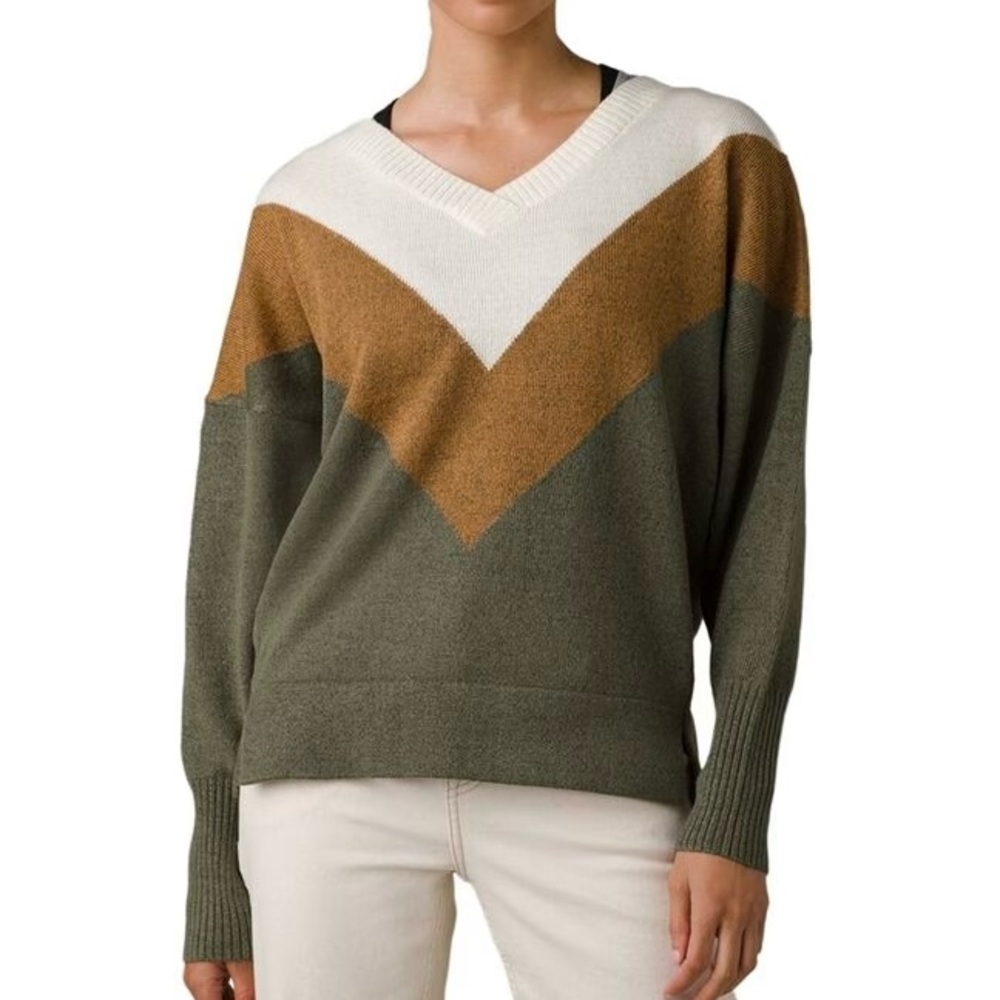 Prana Sweater Womens Norfolk Soft Cozy V-Neck Pullover Relaxed Fit Striped Print
